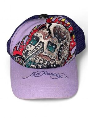Ed Hardy by Christian Audigier Purple Embroidered Rhinestones Skull Trucker Hat
